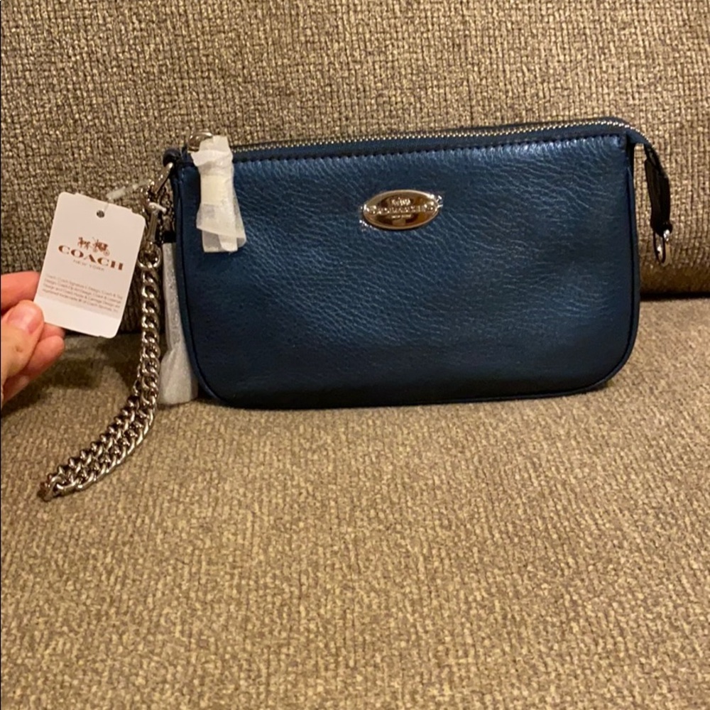 Coach Silver/ Metallic Blue Leather Large Wristlet